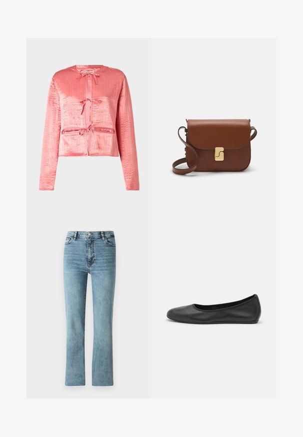 Rosa satinjakke med struktureret overflade, lange ærmer, rund halsudskæring og frontbindinger. Har to frontlommer.; Hvid kortærmet t-shirt lavet af ribbet stof. Rund halsudskæring, almindelig pasform og subtile syninger. Ingen mønstre eller grafik.; Lysblå denim jeans med lige ben design, høj talje og diskrete slidmærker. Har klassisk fem-lomme stil og metalbeslag.; Sort læderballetsko med rund tå, glat tekstur, minimal syning og et fleksibelt såldesign.; Brun læder håndtaske med flaplukning, hardware i gyldent tone, en skulderrem og en glat overflade. Kompakt rektangulær form.