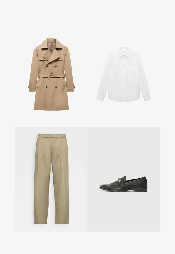 Beige trench coat valmistettu puuvillasta, jossa on kaksirivinen muotoilu, leveät kaulukset, vyötäröllä oleva vyö ja nappihihoja. Sisältää kaksi sivutaskua.; Mango ANTARES - Vapaa-ajan kauluspaita - white; Beige, korkeavyötäröiset housut suoralla leikkauksella, joissa on tasainen etuosa, sivutaskut ja sileä, teksturoitu kangas.; Musta nahkakengät, joissa on sileä pinta, koristeelliset ompeleet ja metalliketjun yksityiskohta kengän päällä. Littee korko.