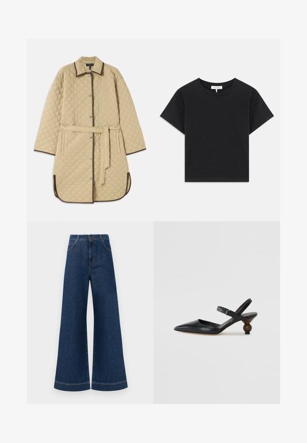 Suknelė su kiauraraščiu, rudos apdailos, snap užtrauktukais, šoninėmis kišenėmis ir atitinkamu diržu. Visame paviršiuje matomas tekstūruotas deimantinis raštas.; Juodas trumpas medvilninis marškinėliai su apvaliu iškirpimu, trumpomis rankovėmis ir paprastu dizainu be raštų ar puošmenų.; Plati mėlynos džinsinės kelnės su aukštu liemeniu, turinčios mygtukų užsegimą, diržo kilpas ir subtilius siuvinėjimo akcentus ant kišenių bei apdailos.; Juodos odinės slingback tipo bateliai su smailiu nosiu, išlenktu dizainu ir apvaliu medžio imitacijos kulnu. Pabrėžia siauras kulkšnies dirželis.