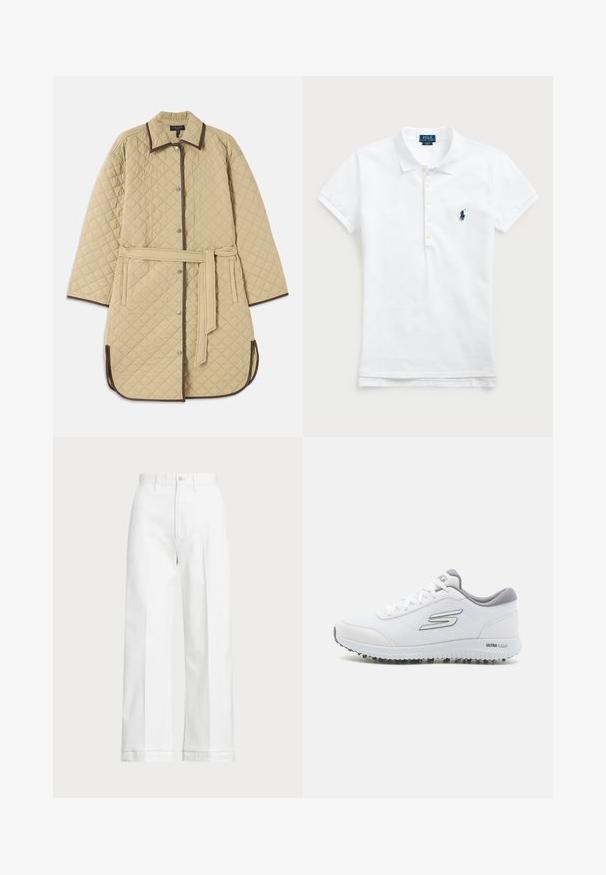 Gequilted beige jas met een kraag, met bruin afgewerkt, drukknoopsluiting, zijzakken en een bijpassende riem. Getextureerd ruitpatroon over de hele jas.; Witte katoenen polo met een klassieke kraag, korte mouwen en een marineblauw geborduurd logo op de linkerkant van de borst. Vijfknopenlijst.; Witte wijde broek met een hoge taille, voorzien van een knoopsluiting en subtiele stiksels. Gemaakt van katoen met een gladde textuur.; Witte sportschoenen met een gestructureerde mesh bovenkant, zilveren accenten en een lichtgewicht zool met kleine grip-noppen, gemarkeerd met 'ULTRA FLIGHT'.