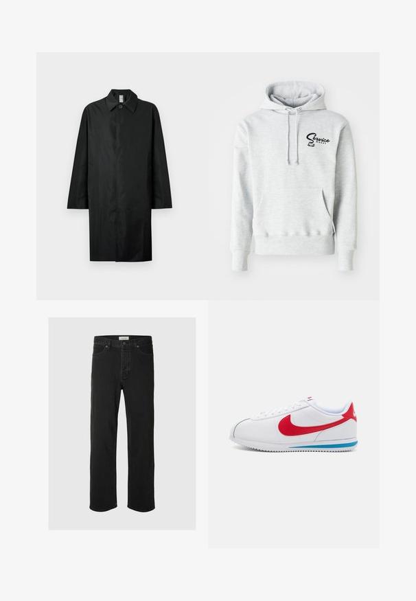 Abrigo largo negro con cuello clásico, un botón visible en el cuello, bolsillos laterales y cierre frontal oculto.; Sudadera gris hecha de un tejido suave, con un bolsillo frontal, capucha con cordón y un logo negro de "Service Works" en la parte izquierda del pecho.; Los jeans rectos de mezclilla negra presentan un diseño clásico de cinco bolsillos con cierre de botón, costuras mínimas y una textura suave.; Zapatilla blanca con acentos rojos, con una parte superior de cuero suave, punta redonda y una suela azul. Diseño con cordones y detalles de costura visibles.