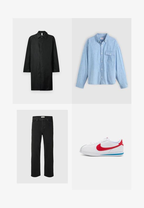 Crni dugi kaput s klasičnim ovratnikom, jednim vidljivim dugmetom na vratu, bočnim džepovima i skrivenim prednjim zatvaračem.; Svijetloplava košulja dugih rukava izrađena od chambray tkanine. Ima ovratnik, duge rukave i džep na prsima s preklopom i dugmetom.; Crne traperice ravnog kroja s pet džepova imaju klasičan dizajn s kopčanjem na dugme, minimalnim šavovima i mekanom teksturom.; Bijela tenisica s crvenim akcentima, s glatkim kožnim gornjim dijelom, okruglim vrhom i platom. Dizajn s vezicama s vidljivim detaljima šivanja.