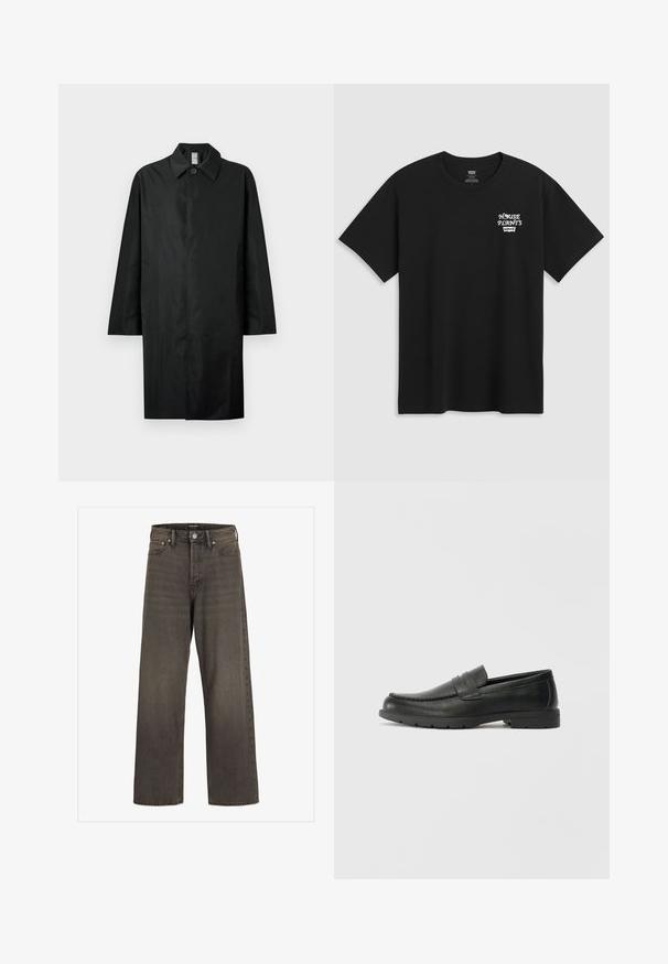 Cappotto lungo nero con colletto classico, singolo bottone visibile al collo, tasche laterali e chiusura frontale nascosta.; T-shirt in cotone nero con stampa sul petto che recita "HOUSE PLANTS" in carattere stilizzato bianco, con "Levi's" sotto. Collo a giroclassico.; Jeans a gamba larga in denim grigio scuro, con vita alta, design classico a cinque tasche e cuciture a contrasto lungo le cuciture.; Mocassini neri in pelle con una finitura liscia, parte superiore in stile mocassino, dettagli cuciti e suola in gomma. Design classico con tacco basso.