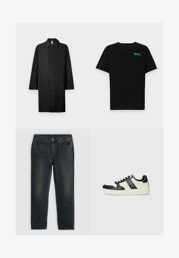 Svart lång kappa med klassisk krage, en synlig knapp vid halsen, sidofickor och dold framtill.; Svart t-shirt i bomull med korta ärmar. Har en grön "ROOTS" logotyp på framsidan, rund halsringning och standard passform.; Mörkblå denimjeans med rak benstil, med fem fickor, dragkedja och kontrasterande sömmar. Subtil utblödning på tyget.; Läder sneakers med en svart och krämfärgad färgsättning, med perforerade detaljer, en vadderad krage och en strukturerad yttersula.