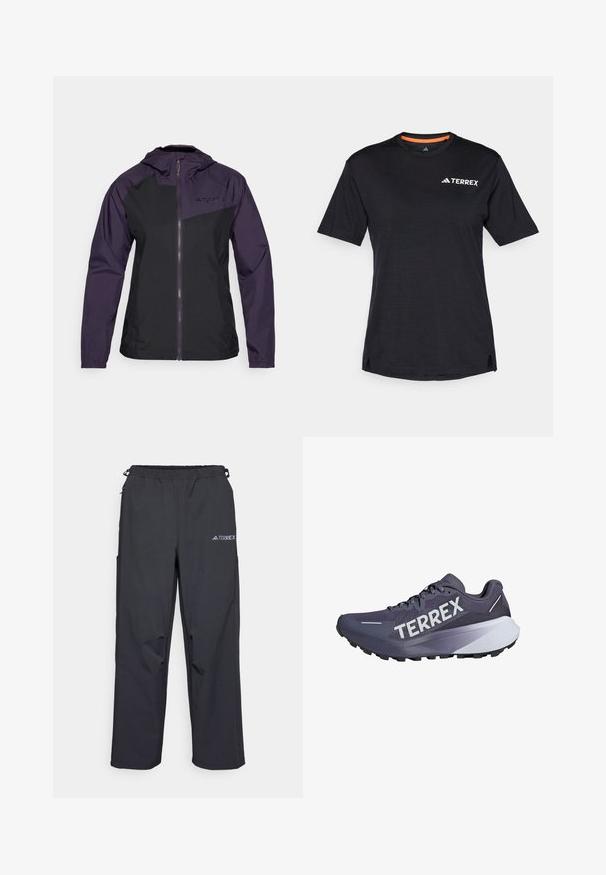 Black and purple lightweight jacket, zippered front, hood, and elastic cuffs. Features logo on chest, smooth texture, and sporty design.; Black short-sleeve T-shirt with round neckline, featuring a subtle heather texture and white "TERREX" logo on the upper left side.; Black, lightweight outdoor pants with an elastic waistband, side pockets, and a logo on the upper right leg. Smooth, water-resistant fabric.; Purple running shoe with mesh upper, bold "TERREX" branding, textured sole, and layered design featuring white and dark grey accents.