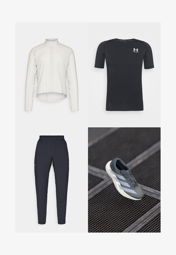 POC PURE LITE SPLASH JACKET - Kerékpáros mez - granite grey; Fekete, rövid ujjú sportpóló, nedvességelvezető, rugalmas anyagból készült. Kerek nyakkivágással és egy kicsi, fehér logóval rendelkezik a mellkason.; Fekete sportnadrág sima textúrával, karcsú szabással, rugalmas derékrésszel és oldalzsebekkel. A bal combján egy kis logó található.; Szürke és fehér sportcipő, szintetikus anyagból, áramvonalas kialakítással, texturált felülettel és hangsúlyos fűzőrendszerrel.