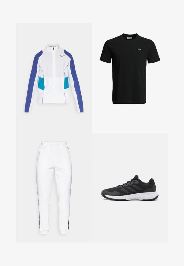 Hvit zip-up jakke med lilla og teal detaljer, høy krage og elastiske mansjetter. Glatt stoff med sporty design.; Svart bomulls T-skjorte med rund hals, korte ermer, og en liten grønn krokodille-logo på venstre bryst. Glatt tekstur, uformelt design.; Hvite joggebukser med elastisk midje, med svarte sidestriper og mansjetter. Laget av myk stoff med en glatt tekstur.; Svart idrettssko med teksturert overdel, tre horisontale striper, og en hvit såle med mønstret gummibunn. Lettvekts og strømlinjeformet design.