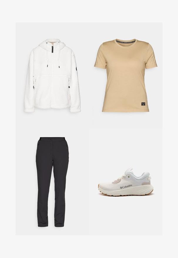 White fleece jacket with a hood, featuring a zip closure, adjustable drawstrings, side pockets, and black accents. Textured, warm material.; Salewa EAGLE LOGO PATCH - Basic T-shirt - quicksand; Black outdoor pants, made of lightweight fabric, feature a straight leg design, zippered side pockets, and an adjustable waistband.; Lightweight Columbia athletic shoe in white mesh with a textured gray sole and rubber traction. Features a padded collar and lace-up design.