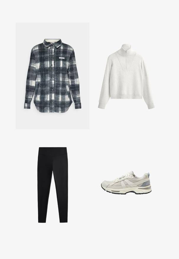 Camicia di flanella a quadri in tonalità di nero, bianco e grigio. Presenta una chiusura con bottoni davanti, colletto, tasche laterali e un'etichetta con logo sul petto.; Felpa grigia chiara con colletto alto, caratterizzata da mezza zip e texture a coste. Forma ampia con spalle cadenti e design strutturato.; Leggings neri realizzati in tessuto liscio e elasticizzato. Presentano una cintura larga e un design a gamba affusolata, adatti per un abbigliamento sia attivo che casual.; Scarpa sportiva beige con tomaia in mesh testurizzato e dettagli lisci. Presenta una suola ammortizzata, punta rinforzata e suola esterna in gomma nera.