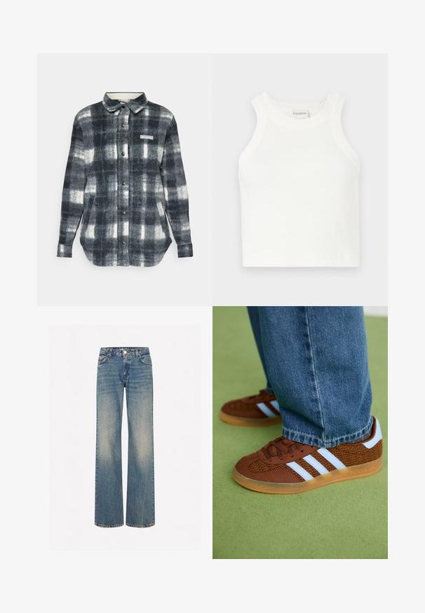 Károvaná flanelová košile v černobílém a šedém provedení. Obsahuje knoflíkový zapínací přední díl, límec, boční kapsy a nášivku s logem na hrudi.; Bílý žebrovaný top s širokými ramínky a přiléhavým střihem. Má malé embossované logo poblíž lemu.; Světle modré denimové kalhoty s širokými nohavicemi, s vybledlým povrchem, pěti kapsami, zapínáním na knoflík a kontrastním švem podél švů.; Hnědé tenisky Adidas s bílými pruhy a gumovou podrážkou, obuté s modrými džíny na zeleném koberci.