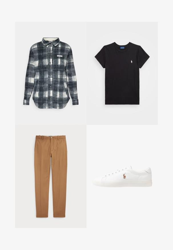 Rutet flanellskjorte i svart, hvitt og gråtoner. Har knapping foran, krage, sidelommer og et logo-patch på brystet.; Svart bomulls t-skjorte med rund hals, korte ermer og en hvit brodert logo på venstre bryst. Glatt tekstur, uformelt design.; Brune bomullsbukser med en slim-fit design, flat front og standard lommer; jevn tekstur og kantede mansjetter.; Hvite lærsko, lavt design, med en glatt tekstur, rund tå, snøring foran, og en liten brodert logo på siden.