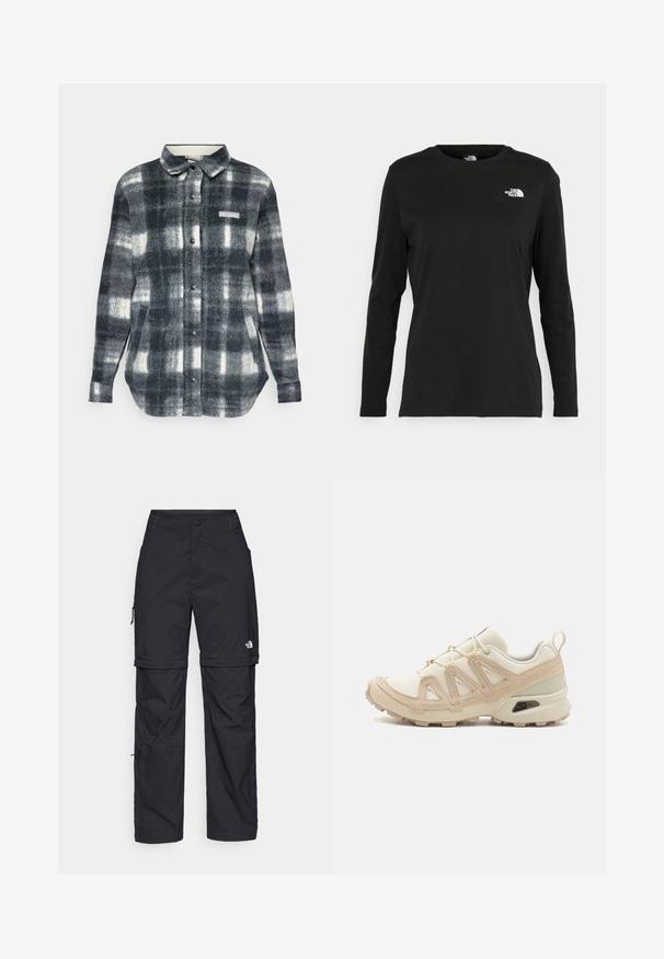 Rutet flanellskjorte i svart, hvitt og gråtoner. Har knapping foran, krage, sidelommer og et logo-patch på brystet.; Svart langermet T-skjorte laget av bomull med rund hals. Har en liten hvit logo på venstre brystområde. Enkelt design og passform.; Svarte nylon cargo-bukser med glidelås og justerbare mansjetter, flere lommer og en logo på høyre bein. Glatt, lett tekstur.; Beige og krem joggesko med teksturert mesh-overdel, støttende overlegg og gummisåle med et mønster for godt grep.