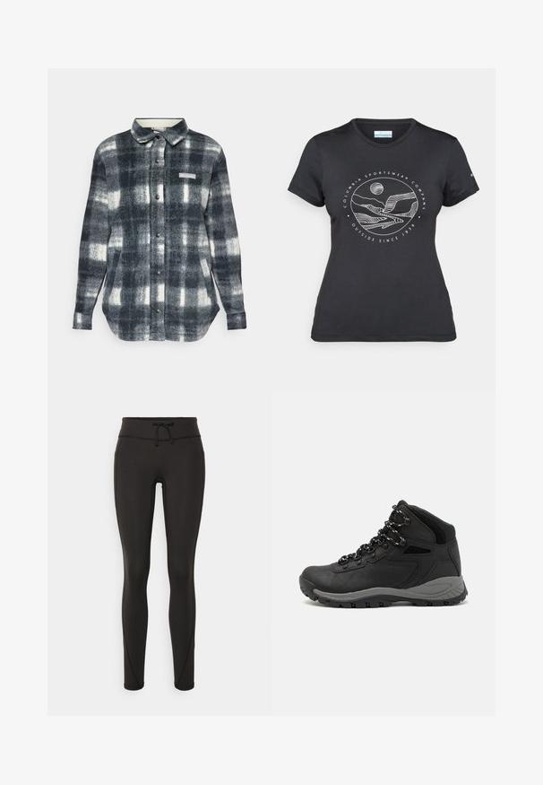 Ruudullinen flanellipaita mustassa, valkoisessa ja harmaassa sävyssä. Ominaisuuksiin kuuluu napitus edessä, kaulus, sivutaskut ja logo-patch rinnassa.; Musta Columbia T-paita, jossa on valkoinen ympyrämuotoinen vuori- ja joki-viivataide sekä teksti "Columbia Sportswear Company Ulkona vuodesta 1938."; Mustat legginsit, joissa on korkea vyötärö, nauhakuja, sileä pinta ja istuva muotoilu. Sivussa on ompeluyksityiskohtia.; Musta vaelluskenkä, jossa on puolivartinen muotoilu, jolle on ominaista teksturoitu päällinen, harmaat yksityiskohdat ja kestävä kumipohja, jossa on pitoita lisääviä lukuja.