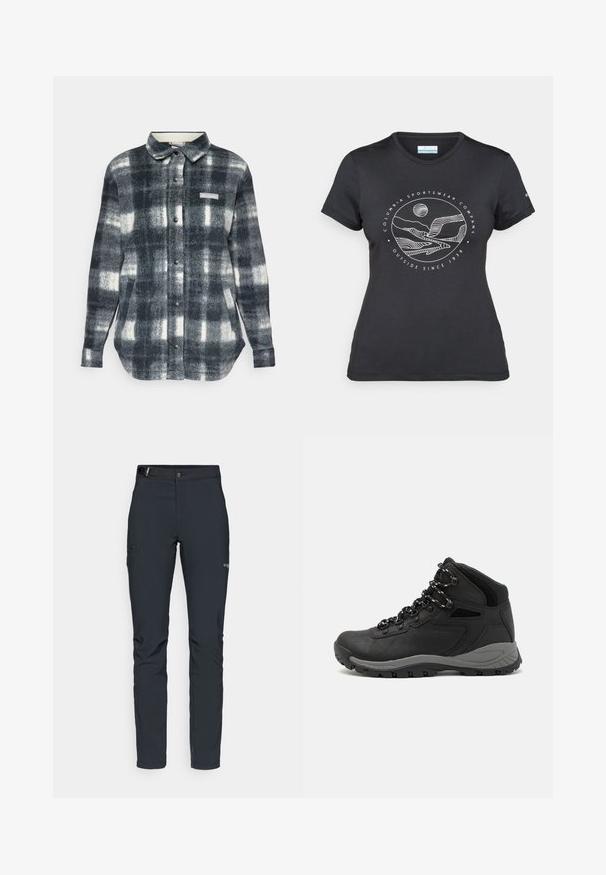 Camisa de flanela xadrez em tons de preto, branco e cinza. Apresenta um fecho de botão na parte da frente, colarinho, bolsos laterais e um logótipo no peito.; T-shirt preto da Columbia com arte em linha branca circular representando montanhas e rios, e o texto "Columbia Sportswear Company Outside Since 1938."; Calças de exterior para homens, cinza escuro, feitas de material flexível, com cinto, bolsos com fecho éclair e costuras reforçadas.; Bota de caminhada preta com design de cano médio, apresentando um upper texturizado, detalhes cinzentos e sola de borracha durável com cravos de tração.