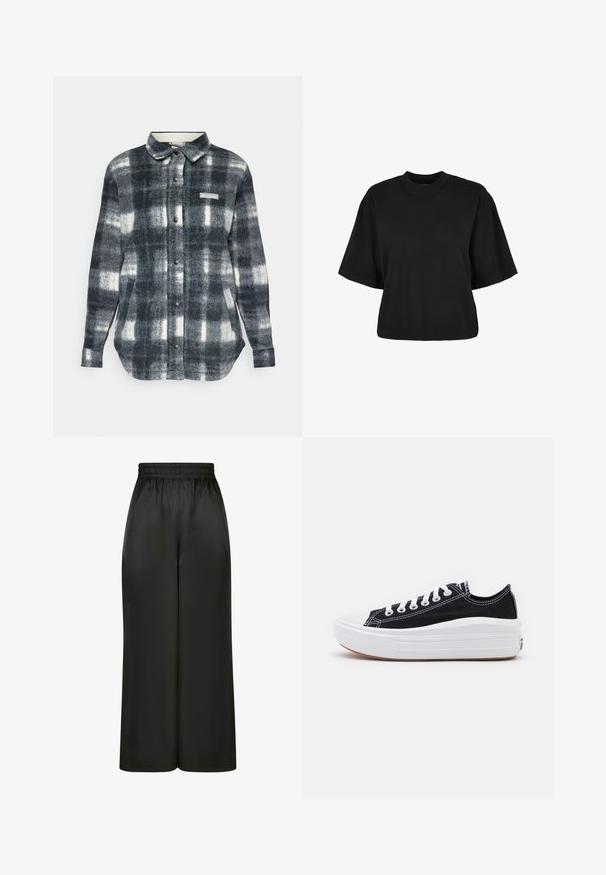 Camicia di flanella a quadri in tonalità di nero, bianco e grigio. Presenta una chiusura con bottoni davanti, colletto, tasche laterali e un'etichetta con logo sul petto.; Maglietta nera cropped realizzata in cotone. Presenta maniche corte e un collo rotondo. Tessuto liscio con un design semplice, senza ulteriori motivi.; Pantaloni neri a gamba larga realizzati in un tessuto liscio e lucido, con una vita elastica e senza tasche visibili o dettagli in metallo.; Sneaker nere in tela con lacci bianchi, punta in gomma bianca e una suola intermedia bianca e spessa. Presentano cuciture bianche sottili e una suola in gomma.