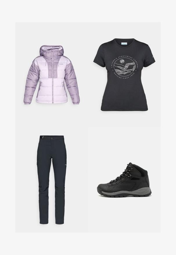 Light purple puffer jacket with a hood, featuring a zip front, side pockets, and a block pattern in darker purple shades.; Black Columbia t-shirt with white circular mountain and river line art and text "Columbia Sportswear Company Outside Since 1938."; Men's outdoor pants, dark gray, made from flexible material, featuring a belt, zippered pockets, and reinforced stitching.; Black hiking boot with a mid-top design, featuring a textured upper, gray accents, and durable rubber sole with traction lugs.