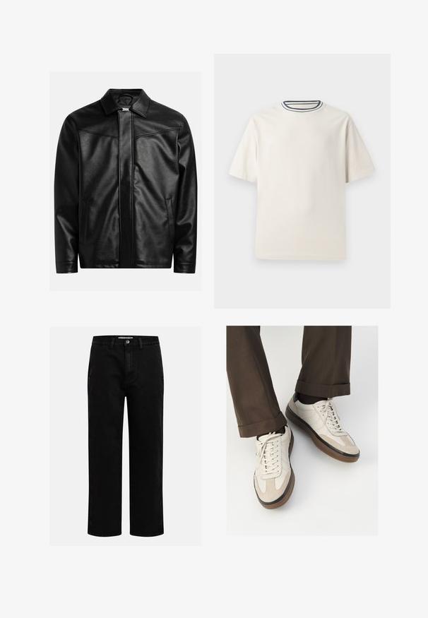 Svart skinnjakke med spiss krage, frontglidelås og to sidelommer. Glatt tekstur og minimalistisk design uten synlig merke.; Kremfarget bomulls T-skjorte med korte ermer, med rund halskant pyntet med marineblå og hvite striper. Glatt tekstur, avslappet passform.; Svarte denimbukser med rett benkutt, klassisk fem-lomme design og knappelukking i livet. Glatt tekstur og slitesterkt stoff.; Beige sneakers med teksturert semsket front, glatte skinnsider og en brun gummisåle. Snører og lys syddetalj inkludert.