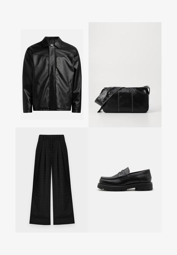 Melnā ādas jaka ar norādītu apkakli, priekšējo rāvējslēdzēju un divām sānu kabatām. Gluda tekstūra un minimālisma dizains bez redzamas zīmola atpazīšanas.; Melnas kokvilnas t-kreklis ar apaļu kaklu, īsām piedurknēm un strukturētu ovālu logotipu tumšākā tonī krūtīs. Sarkana zīmola birka uz kakla.; Melni kvadrātoti plaša kāju bikses ar krokām, kurām ir gluda tekstūra un klasiskā dizaina. Viegls audums komfortam.; Melnas ādas loafers ar noapaļotu purngali, teksturētiem akcentiem priekšpusē un masīvu gumijas zoli ar griezumiem pretslīdēšanai.; Melnas ādas plecu soma ar rāvējslēdzēja aizdari, ar teksturētu virsmu, baltu dūrienu un siksnu ar sudraba iekavām.