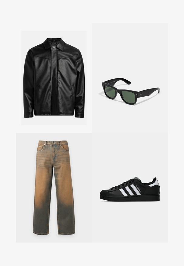 Černá kožená bunda s špičatým límcem, předním zipem a dvěma bočními kapsami. Hladký povrch a minimalistický design bez viditelného brandingu.; Černé tričko s krátkým rukávem v volném střihu, vyrobené z hladké bavlny, s kulatým výstřihem a minimalistickým designem.; Džíny s širokými nohavicemi v distressed modré a hnědé denimové barvě. Mají vysoký pas, přední kapsy a klasické zapínání na knoflík se metalickými akcenty.; Černé tenisky Adidas Superstar se bílými pruhy, špičkou ve tvaru skořápky a textem "Superstar" na boku, zobrazené v bočním profilu na bílém pozadí.; Černé obdélníkové sluneční brýle se zelenými skly, matným povrchem, nenápadnými kovovými akcenty a Embosovaným logem na stranicích.; Tři bandany: jedna žlutá s černými vzory, jedna bílá s černými designy a jedna černá s bílými grafikami. Všechny jsou čtvercové, vyrobené z lehkého materiálu.