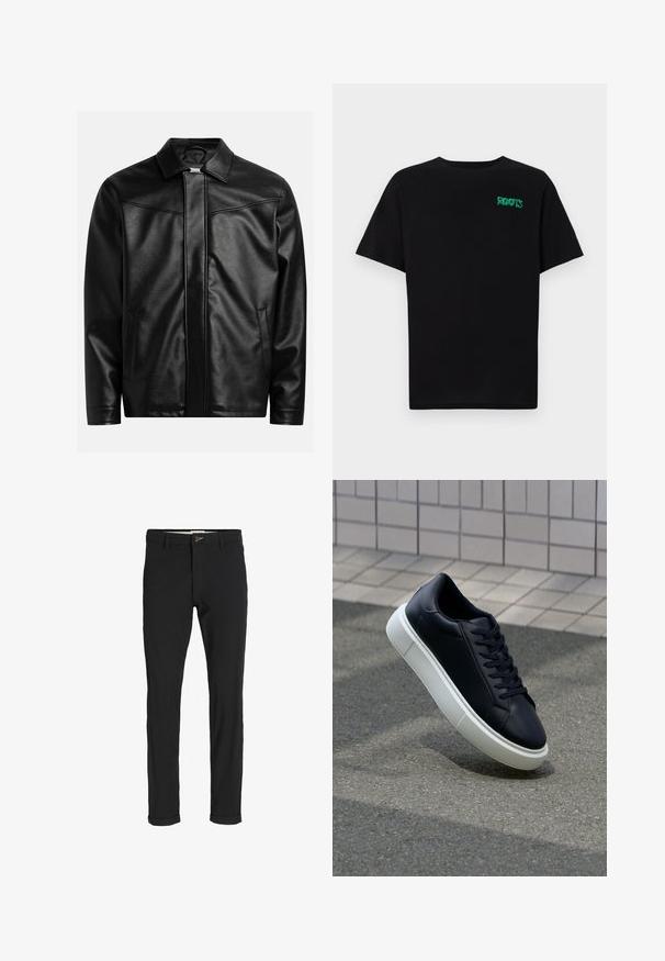 Black leather jacket with a pointed collar, front zipper, and two side pockets. Smooth texture and minimalistic design with no visible branding.; Black t-shirt made of cotton with short sleeves. Features a green "ROOTS" logo on the front, round neckline, and standard fit.; Black cotton blend pants with a slim fit, featuring a button closure, pockets, and rolled cuffs for a casual finish.; Black leather sneaker with rounded toe and white rubber sole. Features flat laces and minimal stitching on the upper. Textured sole for grip.