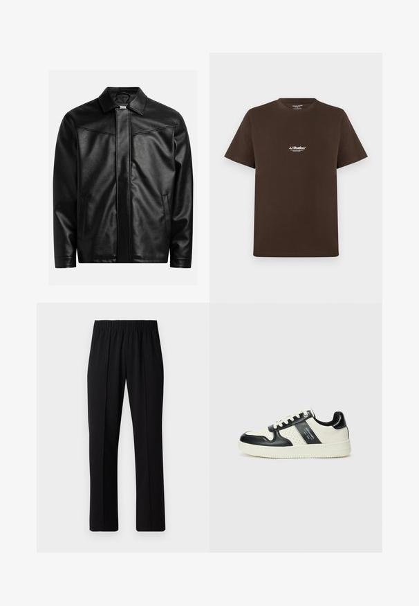 Black leather jacket with a pointed collar, front zipper, and two side pockets. Smooth texture and minimalistic design with no visible branding.; Brown cotton t-shirt with short sleeves, round neck, and a small white logo on the chest. Smooth texture and regular fit.; Black, elastic-waist trousers with a straight-leg design, featuring a smooth texture and no visible patterns or hardware.; Leather sneakers with a black and cream color scheme, featuring perforated accents, a padded collar, and a textured outsole.