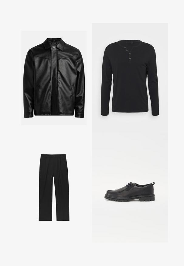 Schwarze Lederjacke mit spitzem Kragen, Frontreißverschluss und zwei seitlichen Taschen. Glatte Textur und minimalistisches Design ohne sichtbares Branding.; Schwarzes Langarm-Henley-Shirt aus weichem Stoff, mit knöpfbarer Leiste, rundem Ausschnitt und enganliegenden Ärmeln.; Schwarze Hose mit geradem Schnitt, aus einem glatten Stoff gefertigt. Verfügt über Vorderfalten und einen einzelnen Knopfverschluss an der Taille.; Schwarze Lederschuhe mit runder Zehenform, strukturiertem Nähen, flachem Design und Gummisohle mit tiefem Profil für bessere Bodenhaftung.