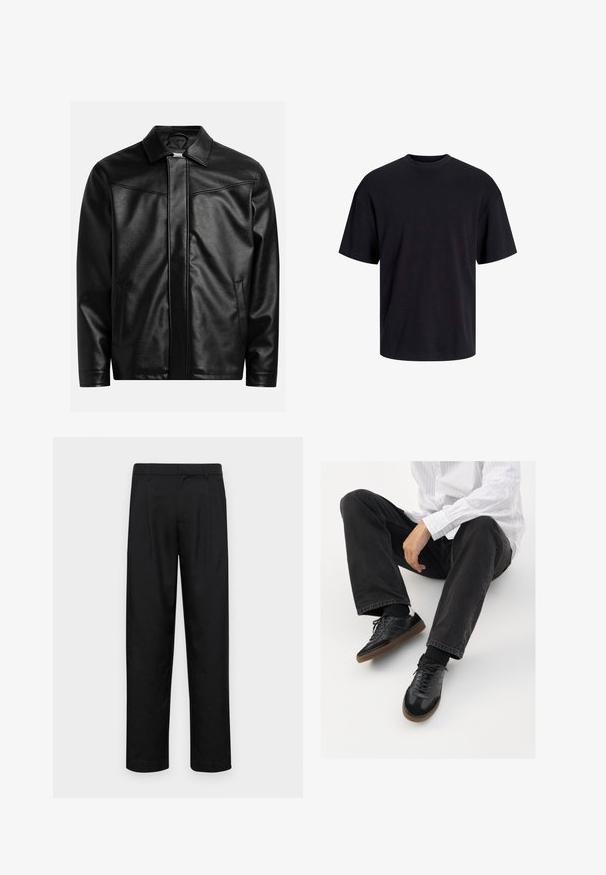 Veste en cuir noir avec un col pointu, une fermeture éclair à l'avant et deux poches latérales. Texture lisse et design minimaliste sans logo visible.; T-shirt en coton noir avec un col ras du cou, des manches courtes et une coupe décontractée. Texture lisse sans motifs ni accents visibles.; Pantalons noirs en tissu lisse, avec une coupe droite, deux plis avant et une taille standard avec passants de ceinture.; Sneakers noirs avec un dessus lisse et texturé, dotés d'une semelle en caoutchouc et de lacets sombres. Associés à un jean noir et une chemise blanche à rayures.