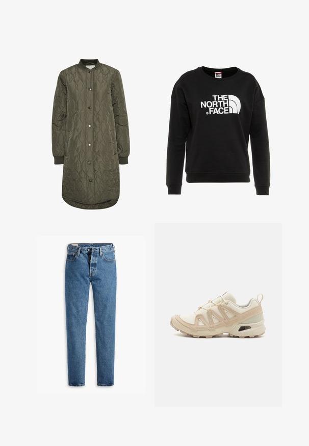 Quilted long coat in olive green, featuring a round collar, snap button closure, and ribbed cuffs. Smooth, textured fabric with a diamond pattern.; Black sweatshirt made of cotton blend, featuring a round neckline and long sleeves, with a prominent white logo on the front.; Light blue denim jeans with a straight cut, five pockets, and standard button-fly closure. Features orange stitching and a slightly faded texture.; Beige and cream athletic shoe with textured mesh upper, supportive overlays, and rubber outsole featuring a tread pattern for traction.