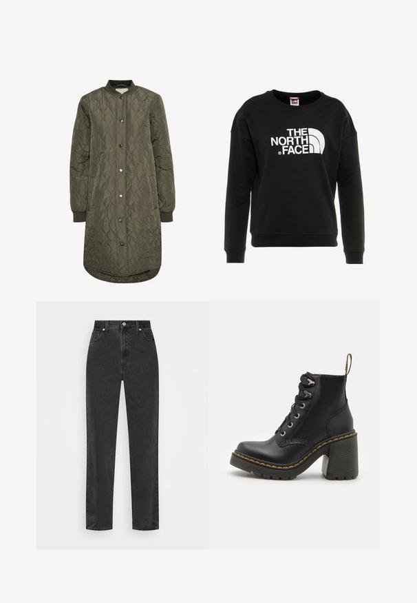 Quilted long coat in olive green, featuring a round collar, snap button closure, and ribbed cuffs. Smooth, textured fabric with a diamond pattern.; Black sweatshirt made of cotton blend, featuring a round neckline and long sleeves, with a prominent white logo on the front.; Straight-leg black denim jeans with high waist, front button and zipper, and five-pocket styling on a white background.; Black leather ankle boot featuring a chunky high heel, lace-up front, metal eyelets, and yellow stitching along the sole. Textured rubber outsole.