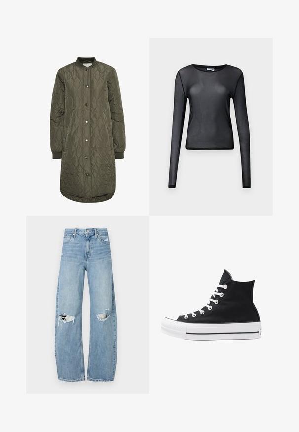 Gepolsterter langer Mantel in Olivgrün mit runder Kragen, Druckknopfverschluss und gerippten Bündchen. Glattes, strukturiertes Material mit einem Diamantmuster.; Schwarzes Langarm-Oberteil aus transparentem Material, mit Rundhalsausschnitt und schmaler Passform, versehen mit feinen Säumen.; Helles, hochtailliertes Jeans aus Denim. Hat weit geschnittene Beine, zwei aufgerissene Kniebereiche und klassischen Fünf-Taschen-Stil.; Schwarze High-Top-Canvas-Sneaker mit weißen Ösen, Schnürsenkeln und Gummisohle. Verfügt über eine strukturierte Zehenkappe und schwarz-weiße Streifenakzente.