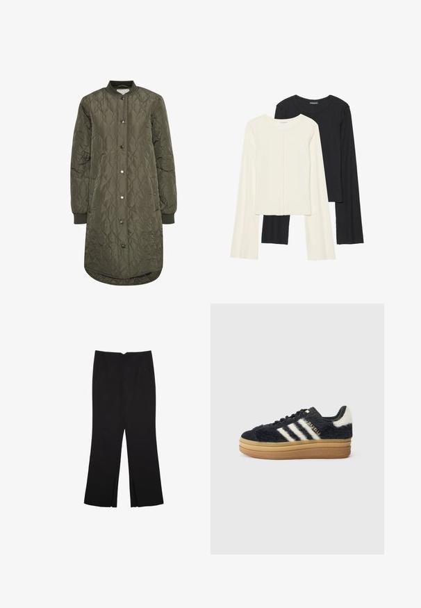 Gepolsterter langer Mantel in Olivgrün mit runder Kragen, Druckknopfverschluss und gerippten Bündchen. Glattes, strukturiertes Material mit einem Diamantmuster.; Set aus zwei Langarmoberteilen in Weiß und Schwarz. Rippstruktur, Rundhalsausschnitt, figurbetontes Design mit leicht ausgestellten Ärmeln.; Schwarze Hose mit geradem Schnitt, ausgestattet mit Fronttaschen und Seitenschlitzen am Saum. Hergestellt aus weichem, glattem Stoff. Geeignet für verschiedene Anlässe.; Schwarze, flauschige Sneakers mit weißen Streifen und goldener Schrift, ausgestattet mit einer dicken Gummisohle und strukturiertem Obermaterial. Mit einem flauschigen Rücken akzentuiert.