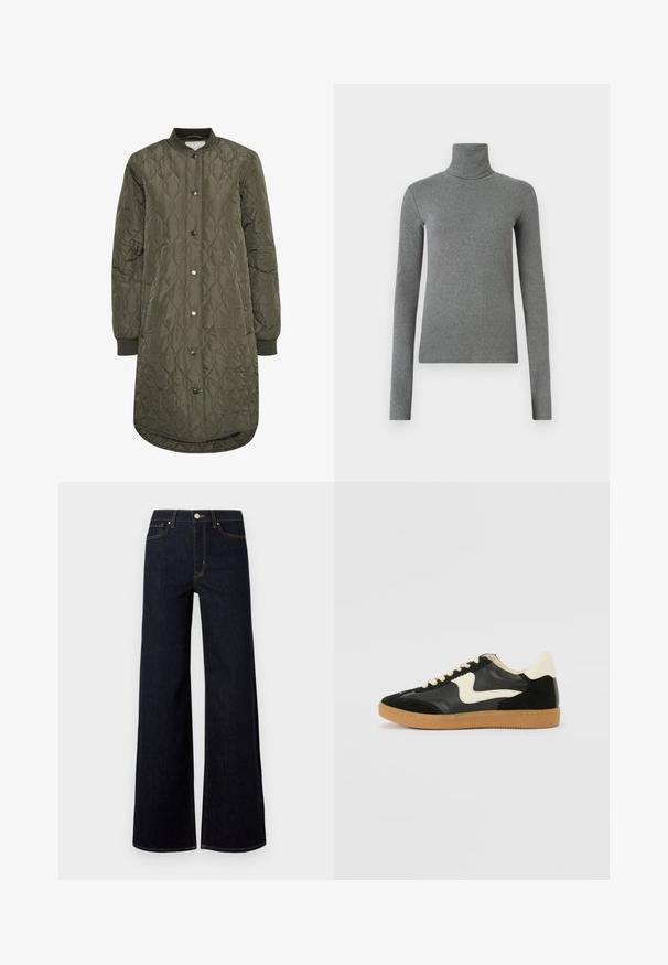 Cappotto lungo trapuntato in verde oliva, con colletto rotondo, chiusura con bottoni a pressione e polsini a costine. Tessuto liscio e testurizzato con motivo a diamante.; Maglione a collo alto grigio realizzato in tessuto liscio e elastico. Maniche lunghe, design aderente, texture minimale, senza motivi visibili o accessori.; Jeans ampi di denim di colore blu scuro, con vita alta, cuciture a contrasto e un singolo bottone in metallo frontale.; Sneaker nera in suede e pelle con un sorriso laterale crema e un tallone di un leggero crema. Presenta lacci beige e una suola in gomma color caramello.