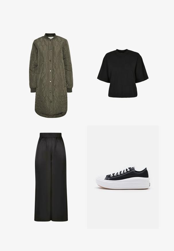 Kvartal pikk mantl rohelises oliivitoonis, ümmarguse kraega, nööbiga kinnitusega ja soonikkoes varrukatega. Sile, tekstuuriga kangas, millel on rombikujundus.; Must terav t-särk, mis on valmistatud puuvillast. Omab lühikesi varrukaid ja ümmargust kaelust. Sile tekstuur ja lihtne disain, ilma täiendavate mustriteta.; Mustad laiad püksid, mis on valmistatud siledast, läikivast kangast, millel on elastne vöökoht ja ilma nähtavate taskute või riistvara detailideta.; Mustad mustad kingad valgete paeltega, valge kummist varbakattega ja paksu valge vaheosaga. Omab diskreetset valget õmblust ja kummi talla.