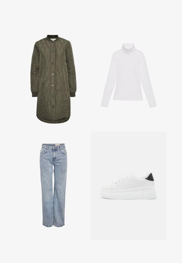 Quilted long coat in olive green, featuring a round collar, snap button closure, and ribbed cuffs. Smooth, textured fabric with a diamond pattern.; White long-sleeve turtleneck top made of smooth, stretchy fabric. Features a high collar and fitted design, with no visible patterns or embellishments.; Light blue wide-leg jeans made from denim, featuring a high waist, five-pocket design, and subtle fading for a worn-in look.; White platform sneakers made of smooth synthetic material, featuring a rounded toe, lace-up design, and a textured rubber sole. Black heel accent.