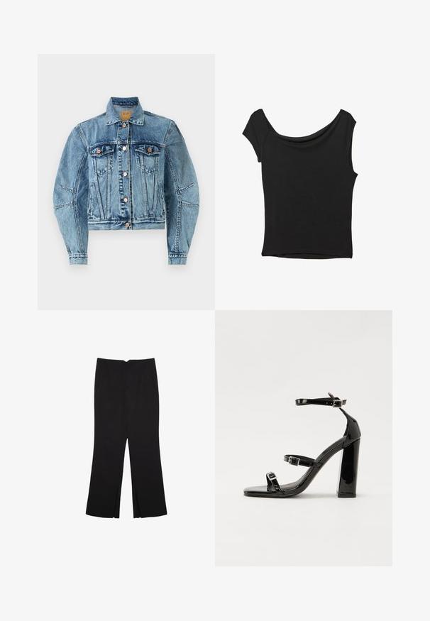 Denimová bunda ve středně modré barvě s cropped designem, dvema náprsními kapsami, měděnými knoflíky a viditelnými švy.; Černý krátký rukáv top vyrobený z hladké látky; má drapovaný výstřih a asymetrický lem, s přiléhavým střihem.; Černé kalhoty s rovným střihem, s předními kapsami a bočními rozparky na lemu. Vyrobené z jemné, hladké tkaniny. Vhodné na různé příležitosti.; Černé lakované sandály na podpatku se čtveratou špičkou, lýtkovými pásky a stříbrnými přezkami. Disponují masivním blokovým podpatkem pro stabilitu.