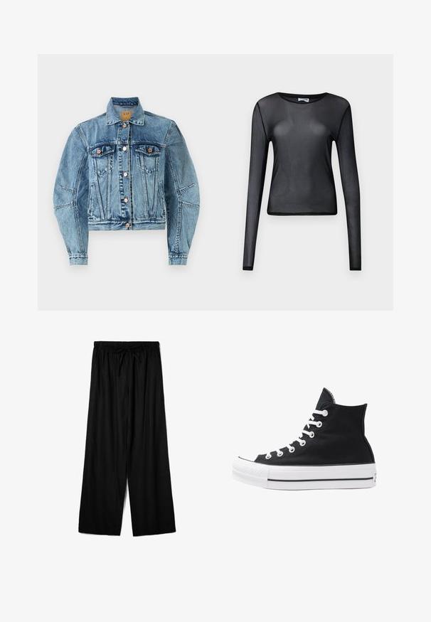 Farkkutakki keskipäivän sinisessä, cropped-mallilla, jossa on kaksi rintataskua, kuparinväriset napit ja näkyvät ompelusaumat.; Mustat pitkähihaiset paita, joka on valmistettu läpikuultavasta materiaalista, jossa on pyöreä kaula-aukko ja slim fit -malli, hienosti viimeistellyillä helmilla.; Mustat avara lahkeiset housut, jotka on valmistettu kevyestä kankaasta ja joissa on joustava vyötärö, jossa on säätönyöri mukautuvan istuvuuden saavuttamiseksi. Sujuva rakenne.; Korkean ylösulkeutuvan mustan kankaan lenkkitossun, jossa on valkoiset rei'itykset, nauhat ja kumipohja. Sisältää teksturoituneen kärkitilan ja musta-valkoiset raidat.