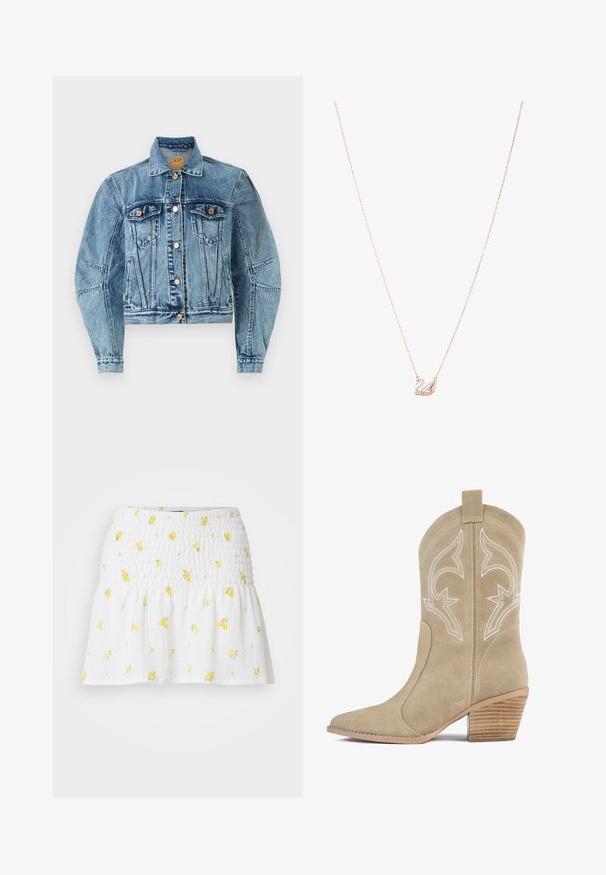Jeansjacka i mellanblått med en kortad design, som har två bröstfickor, kopparfärgade knappar och synliga sömdetaljer.; Gul utan axelband-topp med samlad båge, som har lager av volanger. Tillverkad av ett lätt tyg med mjuk struktur. Knyts i nacken.; Vit kjol med smockad textur och gult blommönster. Kjolens fåll är utsvängd, vilket ger en lös silhuett.; Beige mockaläderscowboyboot med spetsig tå, dekorativ vit sömnad och staplad träklack. Har en dragflik bak.; Halsband i roséguld med en svanpendel, prydd med klara kristaller. Kedjan har en fin länkdessign.