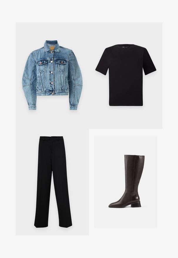 Keskmise sinise värvusega teksajakk, millel on lühendatud disain, kahe rinna tasku, pronksnupud ja nähtavad õmblustead. ; Must olema lühikeste varrukatega must t-särk ümmarguse kaelusega, valmistatud pehmest puuvillast kangast. Lihtne disain, ilma nähtavate logode või mustriteta.; Musta laiad püksid siledast kangast, millel on klassikaline vöökoht, nööbiga sulgemine ja ees voldid.; Põlvikud pruunist nahast, ulatudes põlvedeni, siledaga viimistlusega, ümarate varvastega ja musta kiilukontsaga. Lihtne disain koos minimaalsete riistvaradetailidega.