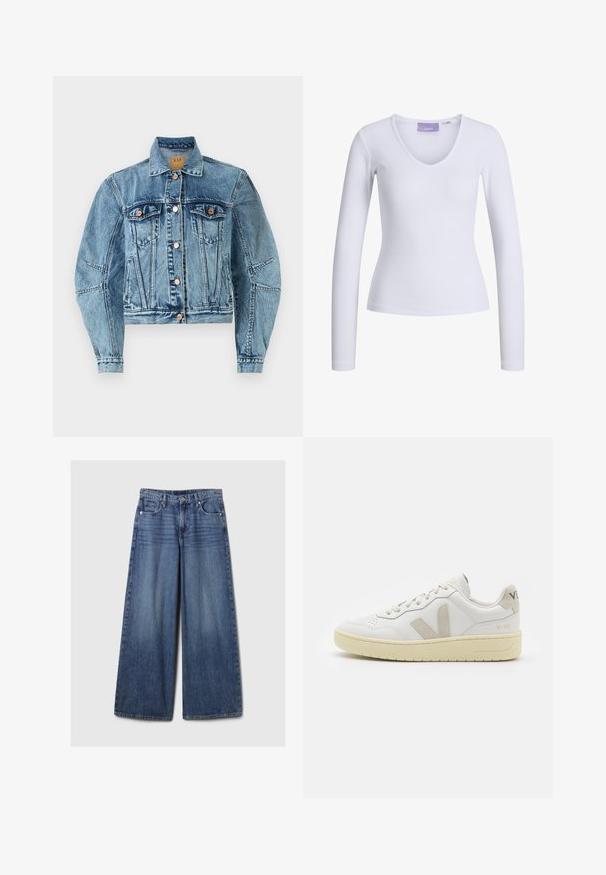 Chaqueta de mezclilla en azul medio con un diseño recortado, que cuenta con dos bolsillos en el pecho, botones de cobre y detalles de costura visibles.; Camiseta blanca de manga larga con textura acanalada y diseño de escote en V. Etiqueta visible en el interior del cuello con el nombre de la marca "JJXX."; Jeans de mezclilla azul de pierna ancha con un acabado desgastado, que cuentan con un cierre de botón y cremallera, cinco bolsillos y cinturas.; Zapatilla de piel blanca con acentos de ante beige, caja de puntera perforada, cordones planos y suela texturizada en color crema. Cuenta con un branding sutil en el talón.