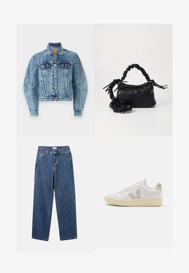 Farkkutakki keskipäivän sinisessä, cropped-mallilla, jossa on kaksi rintataskua, kuparinväriset napit ja näkyvät ompelusaumat.; YAS YASMILLE - Pikeepaita - black/star white; Classiset siniset farkut suoran lahkeen muotoilulla, viidellä taskulla ja napillakaan. Ominaisuudet: keskivahva pesu ja kestävä rakenne.; Valkoiset nahkakengät, joissa on vaaleanruskeat pigmenttisuojat, rei'itetty kärki, litteät nauhat ja teksturoitu kermaisa pohja. Takana on huomaamaton brändäys.; Must-have mustekahvi nahkalaukku krokotiiliaistalla, kiristetty yläosa ja rypistetty hihna. Näyttää pehmeältä ja kompaktilta muotoilultaan.