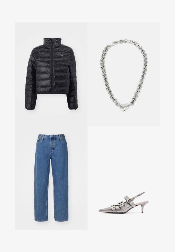 Crna puffer jakna od sjajnog, laganog materijala s krojenjem do struka, visokim ovratnikom i zatvaranjem na patentni zatvarač. Sadrži kvadratni uzorak i logotip.; Svijetlo ružičasta pamučna majica s okruglim izrezom, koja sadrži srebrni izvezeni logo "Calvin Klein" i suptilan dizajn "CK" na prsima.; Svijetloplave traperice s visokim strukom, ravnim nogavicama, pet džepova i blago izblijedjelom teksturom. Zatvaranje na zakovicu i gumb.; Metalni srebrni slingback potpetice s izduženim vrhom, sa tri široke trake i kvadratnim metalnim kopčama. Sjajna tekstura i tanka potpetica.; Srebrna lančić ogrlica s međusobno povezanim okruglim karikama i poliranim srcem u središtu. Uključeno je sigurnosno kopčanje.