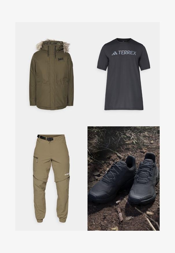 Olivgrüne Parka-Jacke mit einem mit Fell gefütterten Kapuzen, zwei Vordertaschen und einem Reißverschluss. Mit einem Logo im oberen linken Brustbereich.; Schwarzes T-Shirt mit kurzen Ärmeln aus leichtem Stoff, mit einem hellgrauen "TERREX"-Logo auf der Brust und einem Rundhalsausschnitt.; Khaki Outdoor-Hosen mit verstellbarem schwarzen Gürtel, Reißverschlusstaschen, schmal zulaufenden Bündchen und abnehmbaren unteren Beinen für vielseitige Stylingmöglichkeiten.; Schwarze Sportschuhe mit einem strukturierten Strickobermaterial, verstärkter Zehenkappe und gepolsterten Sohlen, die auf erdigem Boden mit verstreuten Zweigen präsentiert werden.