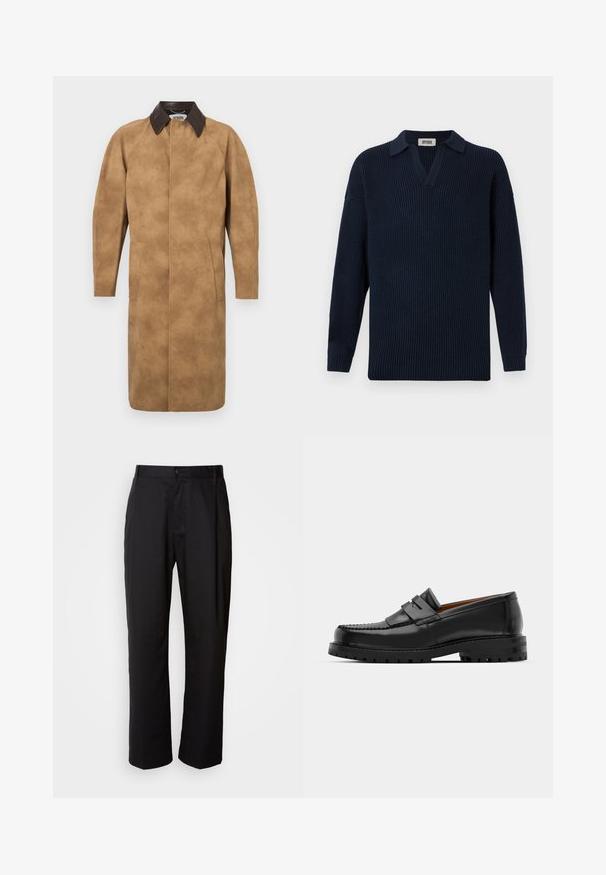 Tan suède jas met een bruine leren kraag, lange mouwen, zijzakken en een recht gesneden ontwerp. Glad textuur met minimale details.; Marineblauwe geribbelde trui met V-hals, korte kraag en lange mouwen. Gemaakt van zacht materiaal met een gestructureerde afwerking.; Zwarte broek met een rechte snit, gemaakt van lichtgewicht stof. Heeft een frontale knoopsluiting en twee zijzakken; gladde textuur.; Zwarte leren instappers hebben een verhoogde naad, twee decoratieve banden op de bovenkant en een dikke, gestructureerde zool voor extra grip.