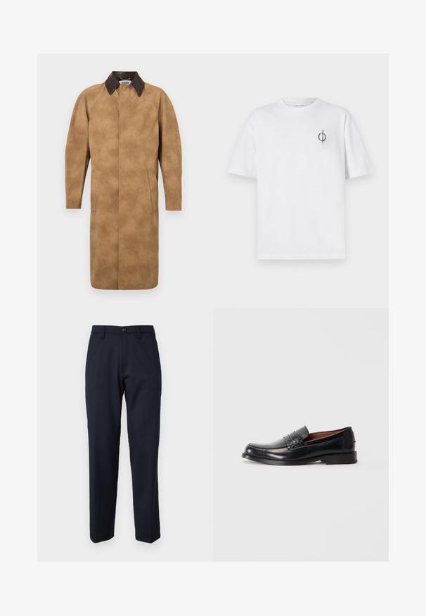 Tan suede coat with a brown leather collar, long sleeves, side pockets, and a straight cut design. Smooth texture with minimal detailing.; White cotton t-shirt with a relaxed fit, featuring a small black graphic logo on the left chest area. Short sleeves, crew neck style.; Navy blue trousers made of smooth fabric, featuring a front button, straight-leg design, and side pockets. No patterns or embellishments visible.; Black leather loafer with a rounded toe, raised stitching detail on the vamp, and a low stacked heel. Smooth texture and formal design.