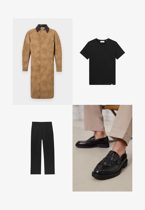 Vaaleanruskea mokkakangastakki, jossa on ruskea nahkakaulus, pitkät hihat, sivutaskut ja suora leikkaus. Sileä pinta, jossa on minimaalinen yksityiskohtaisuus.; Lyhythihaine musta T-paita, joka on valmistettu puuvillasta. Paidassa on pyöreä pääntie ja pieni brodeerattu logo rinnassa. Sujuva rakenne, normaali istuvuus.; Mustat housut suoranlahkeisella muotoilulla, valmistettu sileästä kankaasta. Ominaisuuksiin kuuluu etupleateet ja yksi nappikiinnitys vyötäröllä.; Musta nahkakengät, joissa on sileä pinta, koristetasku ja kontrastisomistus, yhdistettynä vaaleanbeigeihin housuihin.