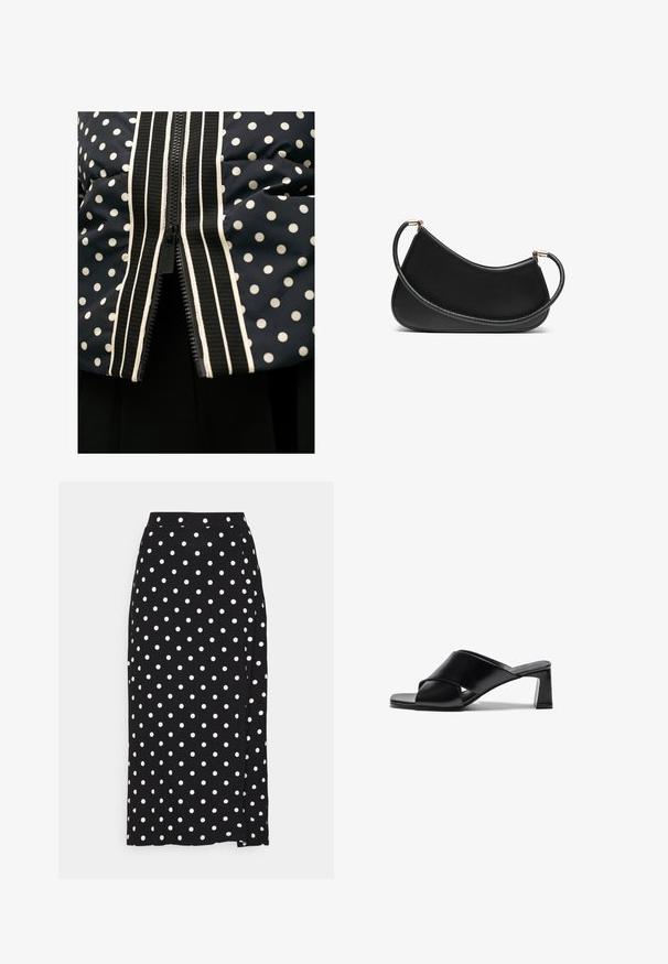 Námořnická modrá péřová bunda s puntíky, která má kontrastní bílý zip a pruhovaný lem podél přední části. Hladká textura, krátké rukávy.; Dvě bavlněné podprsenky: jedna v světle béžové a druhá v černé barvě, s tenkými ramínky a designem ve tvaru V. Viditelné štítky uvnitř.; Černá sukně s bílými puntíky, vyrobená z měkké látky. Má rovný střih a rozparek na spodním okraji pro usnadnění pohybu.; Černé kožené sandály na podpatku s křížovým páskem, čtveratou špičkou a hranatým podpatkem. Hladký povrch s minimálními detaily.; Černá kožená kabelka přes rameno s zakřiveným designem, se strukturovaným popruhem a zlatým kováním na horním uzávěru. Hladký povrch.