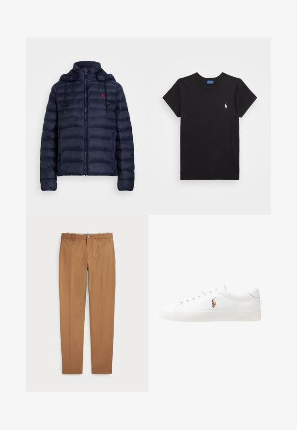 Navy puffer jacket with a zip closure, detachable hood, elastic cuffs, and red logo on the left chest. Features quilted texture and lined hood.; Black cotton t-shirt with a crew neckline, short sleeves, and a white embroidered logo on the left chest. Smooth texture, casual design.; Brown cotton trousers with a slim-fit design, flat front, and standard pockets; smooth texture and hemmed cuffs.; White leather sneakers, low-top design, featuring a smooth texture, round toe, laced front, and a small embroidered logo on the side.