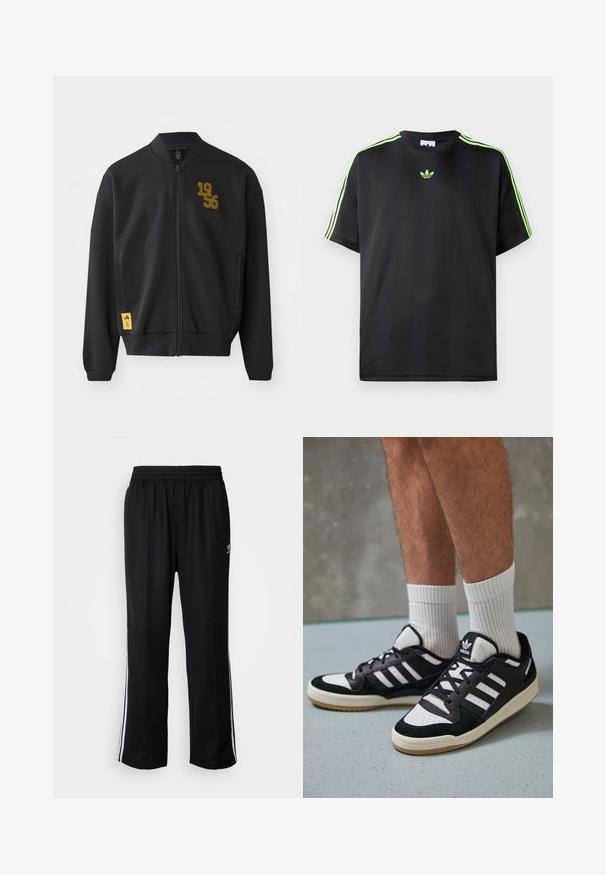Casaco bomber preto com fecho completo, gola e punhos canelados, gráfico amarelo "1956" no peito, e uma etiqueta de marca amarela na barra.; T-shirt preto feito de tecido liso com decote redondo, apresentando três riscas verdes nos ombros e um pequeno logo verde no peito.; Calças atléticas pretas com um cós elástico, apresentando riscas brancas laterais e um pequeno logótipo. O material parece macio e leve.; Ténis em preto e branco com upper em camurça e couro, apresentando três riscas brancas, um toe perfurado e uma sola em borracha de goma.