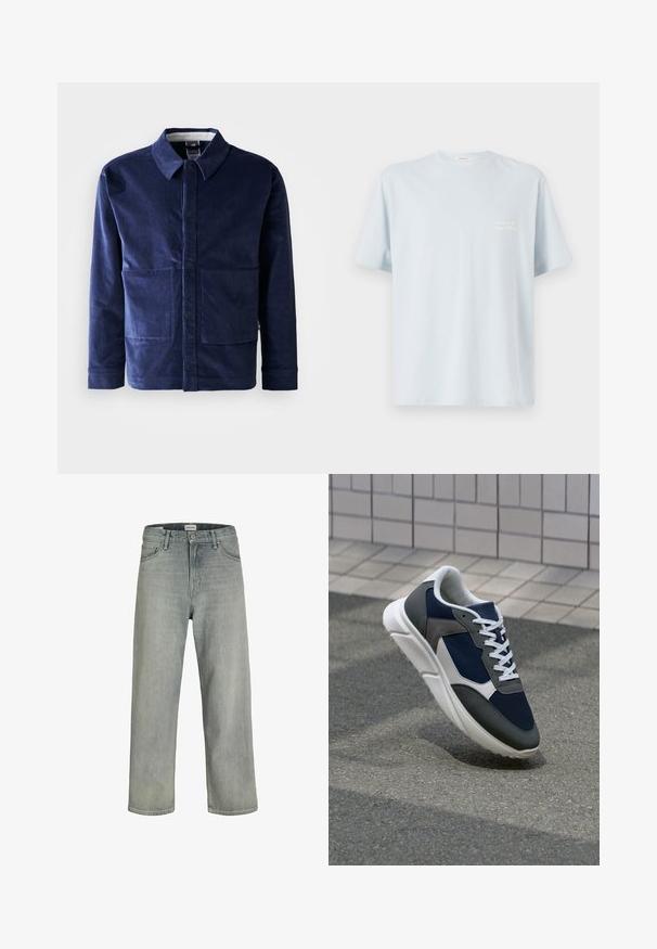 Casaco de veludo cotelê azul marinho com botões à frente, colarinho pontiagudo e dois grandes bolsos frontais. Textura suave e corte ajustado.; T-shirt de algodão azul claro com decote redondo e mangas curtas. Apresenta um pequeno logótipo branco na área do lado esquerdo do peito. Textura suave.; Jeans soltos de cor cinza claro feitos de denim. Apresentam um design clássico de cinco bolsos, passadores para cinto e uma silhueta de perna reta.; Sapatilha com parte superior em malha azul-marinho, detalhes em camurça cinza, sola de borracha branca e atacadores brancos planos, projetada para conforto e respirabilidade.