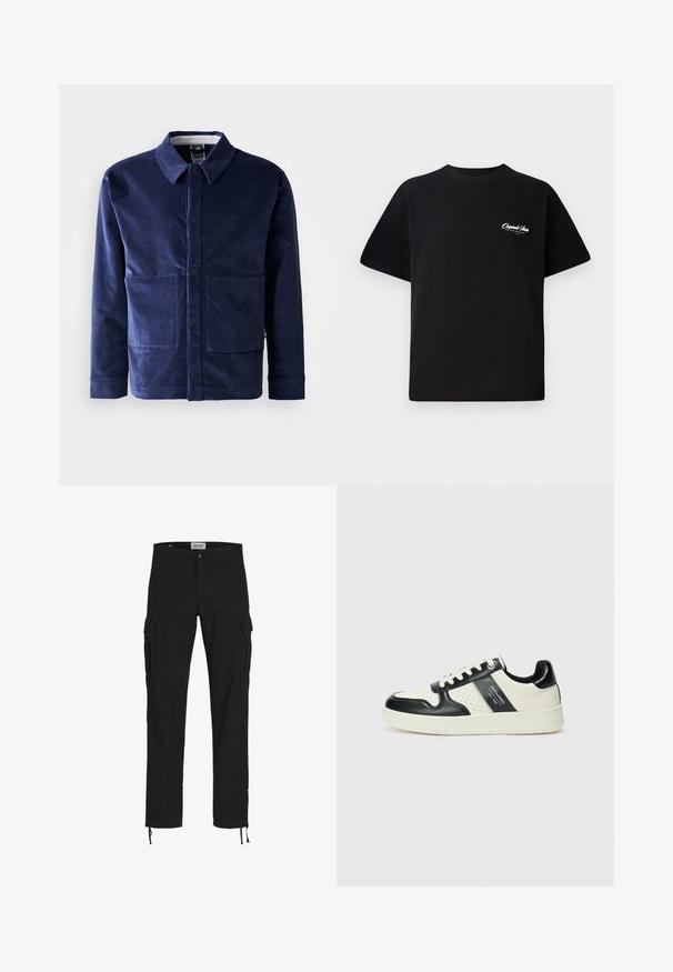 Marineblå kordfløyelsjakke med knappestolpe foran, spiss krage og to store frontlommer. Glatt tekstur og skreddersydd passform.; Svart bomull t-skjorte med rund hals, korte ermer og liten hvit logo-tekst på venstre bryst. Enkel design, klassisk passform.; Svarte cargo-bukser med rett snitt, med sidelommer, knappelukking og elastiske snorer ved anklene. Laget av slitesterkt stoff.; Lædersneakers med sort og creme farveskema, der har perforerede detaljer, en polstret krave og en struktureret ydersål.